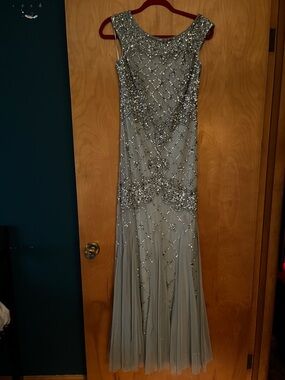 Adrianna Papell Silver Beaded Tulle Evening Gown